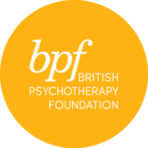 British Psychotherapy Foundation (BPF) logo featuring white text on a gold circular background.