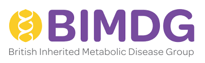 Yellow double helix spiral and purple BIMDG acronym for the British Inherited Metabolic Disease Group