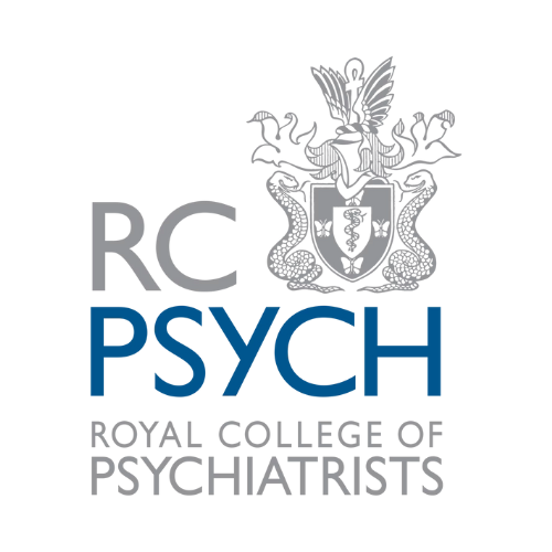 Grey crest with grey and blue text RC PSYCH Royal College of Psychiatrists logo